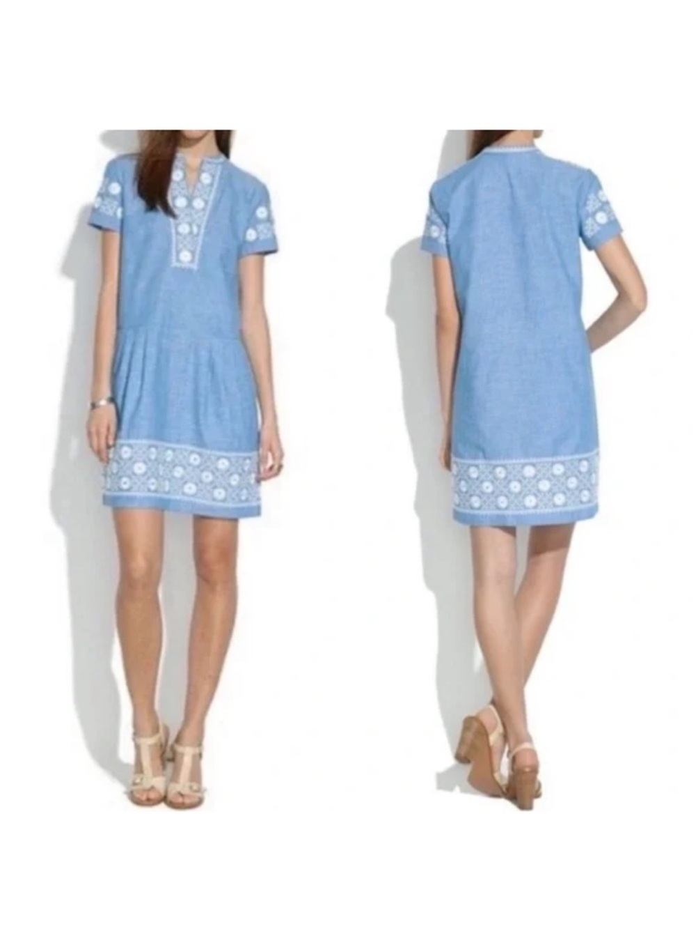 MADEWELL Chambray Sunstitch Tunic Dress Blue White Embroidered BOHO Womens M EUC